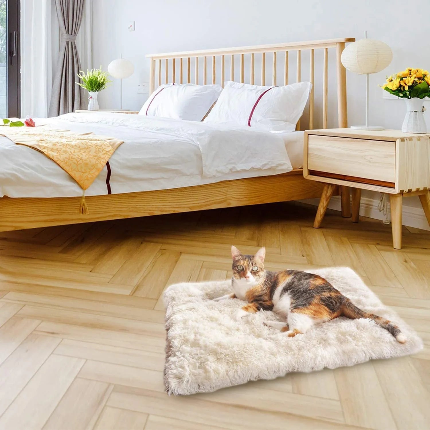 Grey and white plush pet blanket nest with non-slip black bottom for cats and dogs.