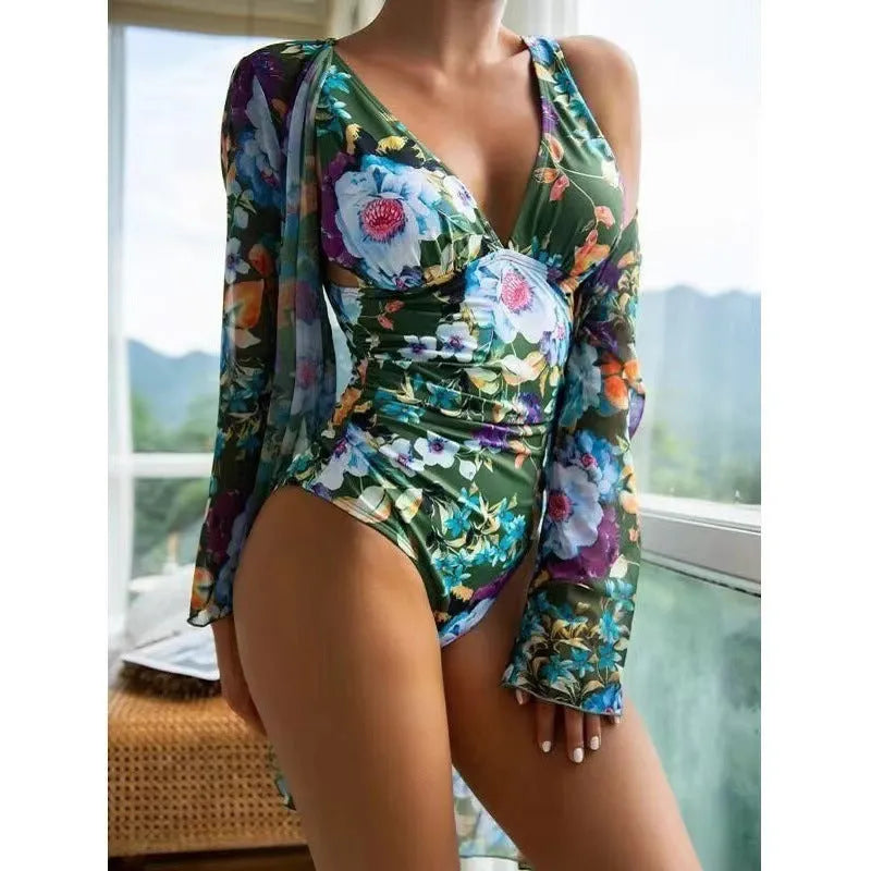 Women's floral patterned tight bikini three-piece suit with coat in seven colour options
