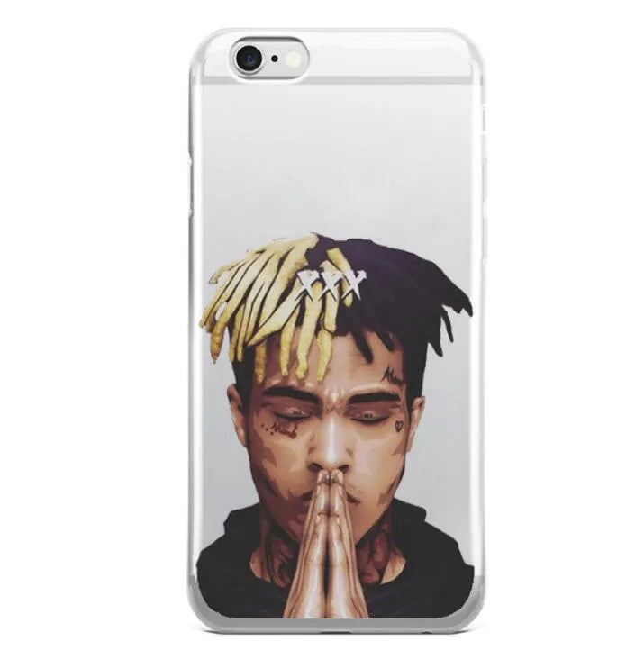 Transparent matte iPhone case featuring an Xxxtentacion graphic design, showing half-wrapped sides.