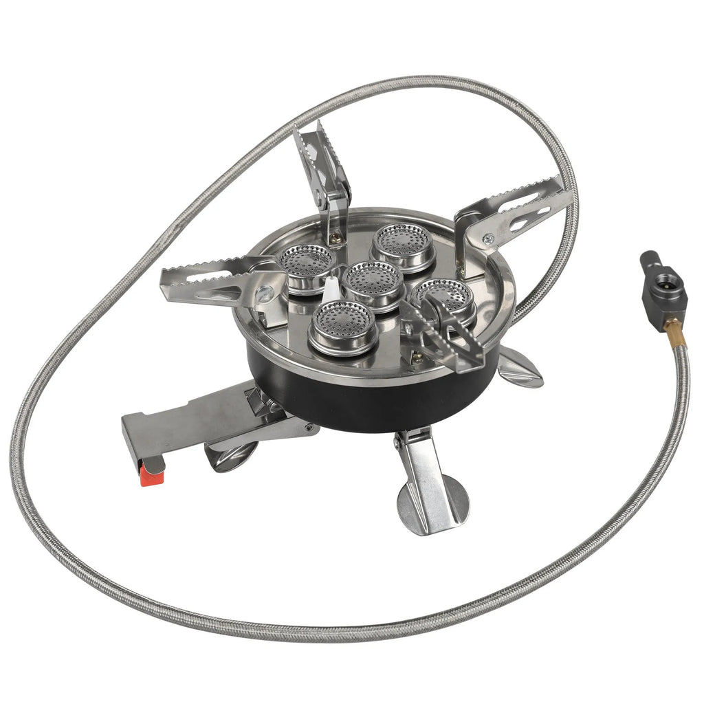 Silver foldable stainless steel split camping stove with copper fittings and a long hose.