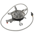 Silver foldable stainless steel split camping stove with copper fittings and a long hose.