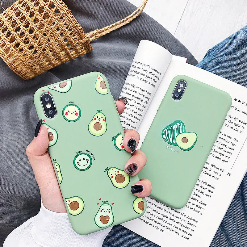 Avocado cartoon design on a soft TPU back cover case for Apple iPhone.