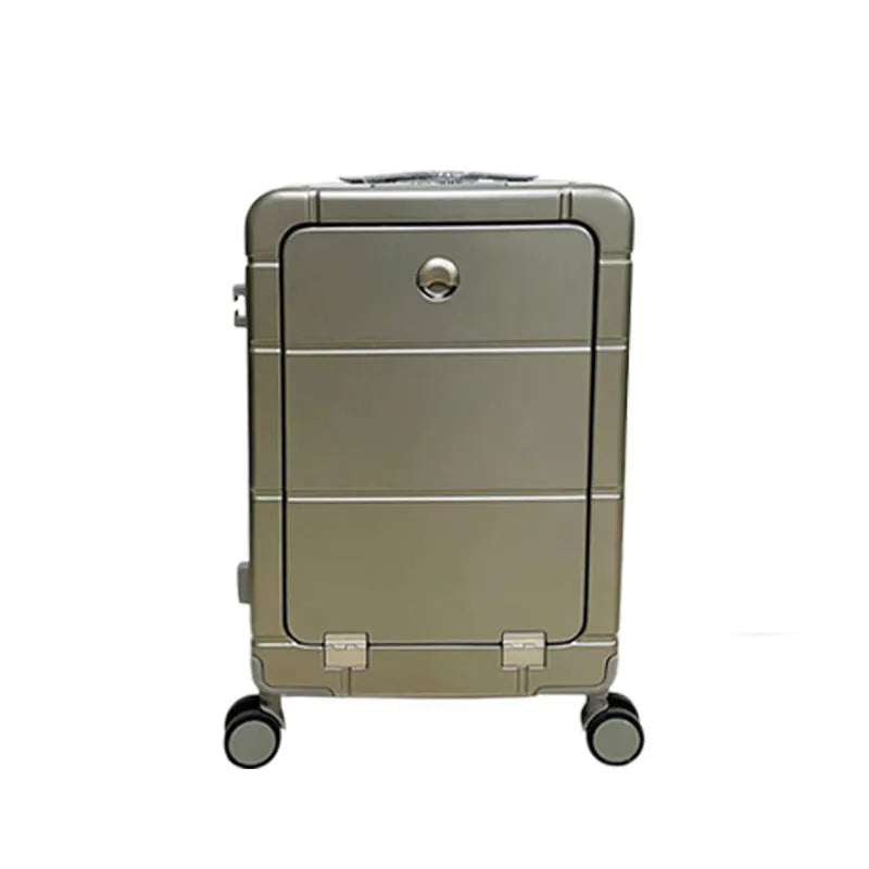 20-inch black cabin suitcase with a front-opening wet-dry compartment and four spinner wheels.