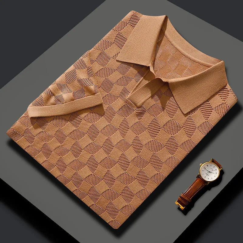 Man wearing a short sleeve mulberry silk sweater with lapels in a solid colour for business casual attire.