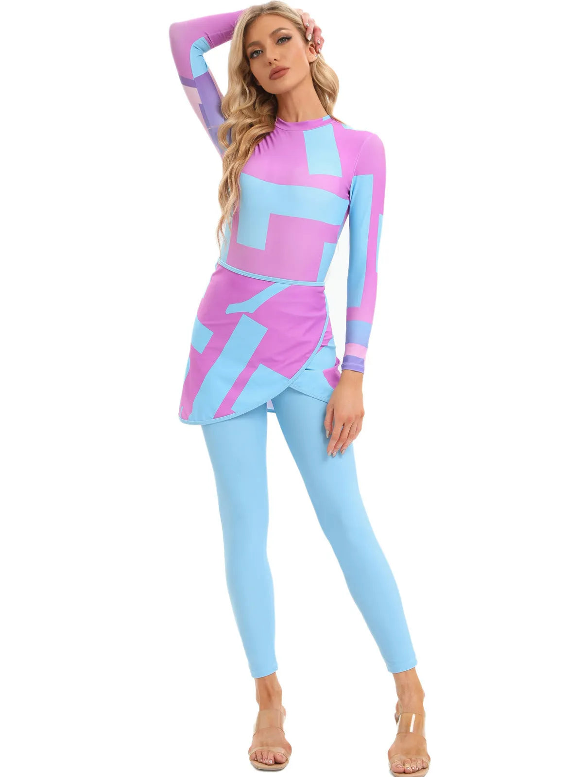Conservative swimsuit three-piece set with apron in Sapphire, Letter, or Foam colours.