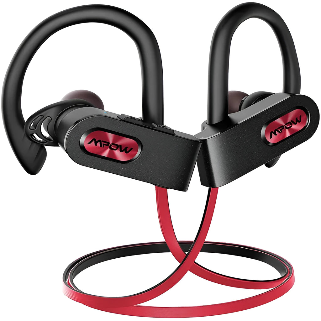 Red hanging ear Bluetooth wireless headset shown from the side, with a black variant also visible.