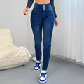 Women's dark blue denim straight-leg trousers with button front and zip closure street hipster style