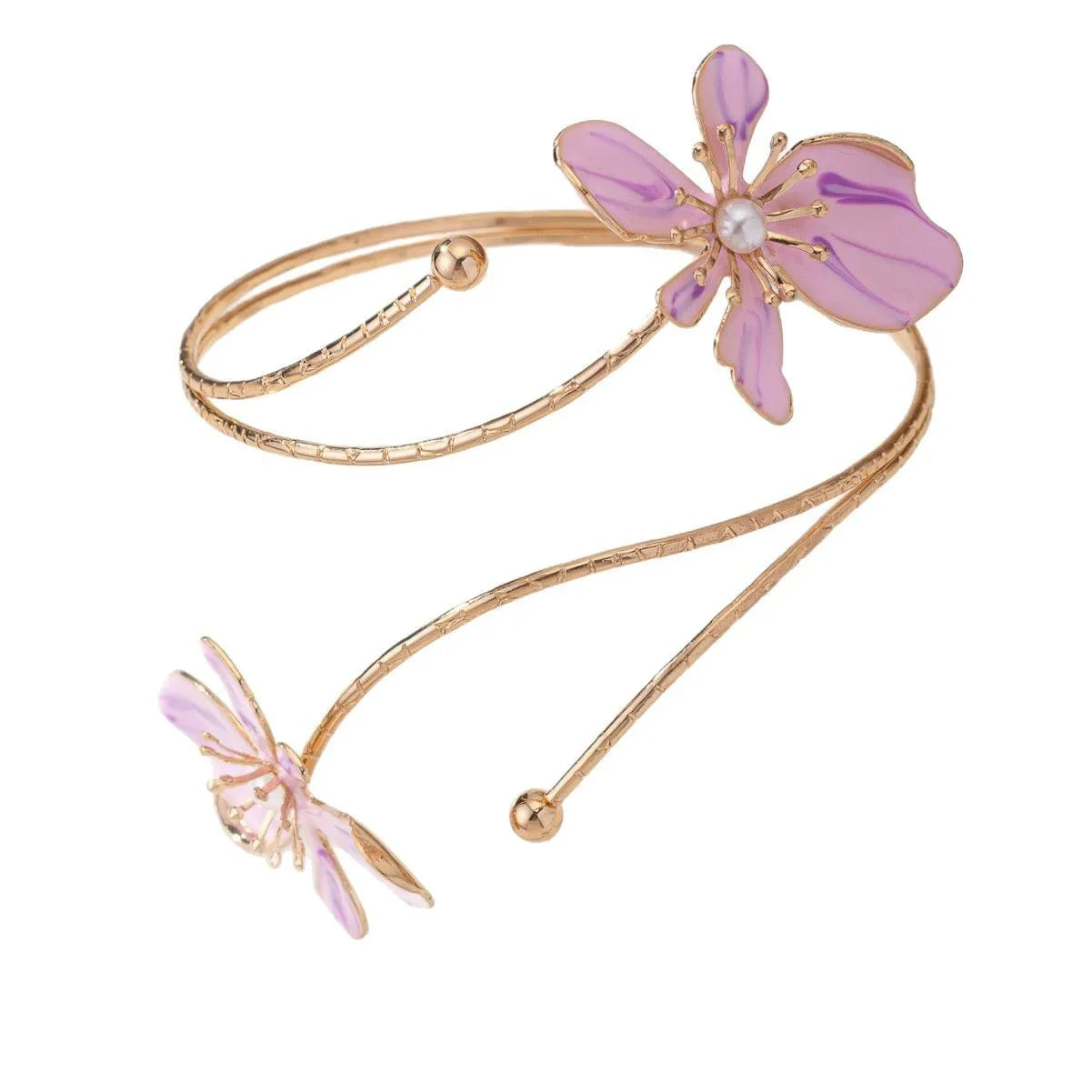 Pink alloy armband with hollow line pattern design on wrist