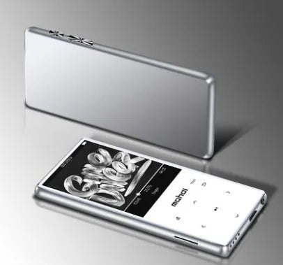 Silver portable MP3 MP4 music player with 2.4-inch touch screen showing music interface.