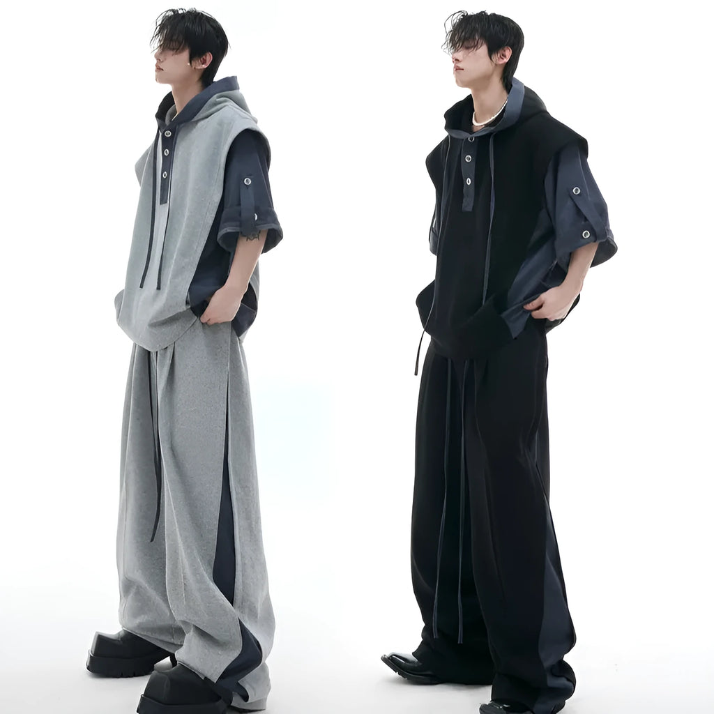 Men's black and grey polyester hooded leisure suit with three-dimensional stitching and short sleeve design