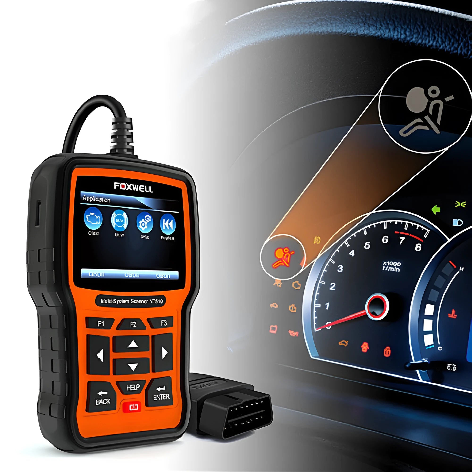 Foxwell NT510 orange and black automotive diagnostic tool with OBD2 cable