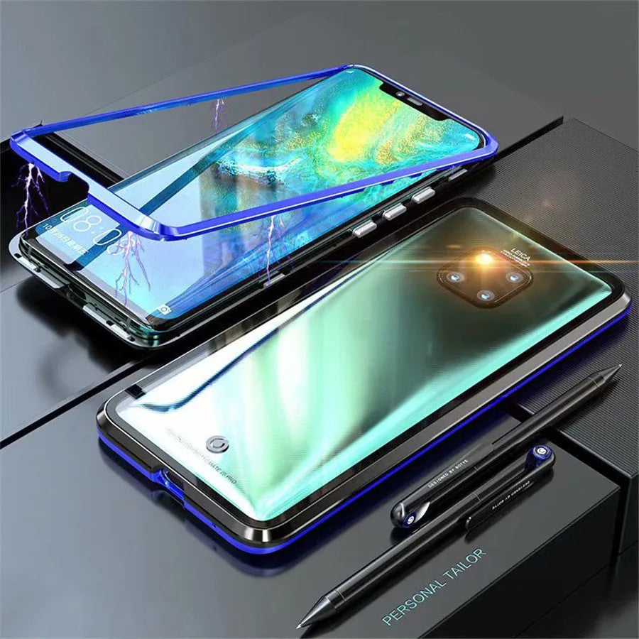 Metal magnetic phone case with tempered glass back showing phone design, available in black, blue, red, white