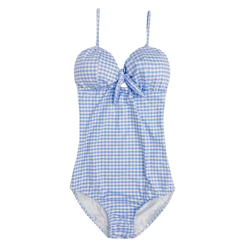 Blue and white plaid women's one-piece swimsuit on a mannequin