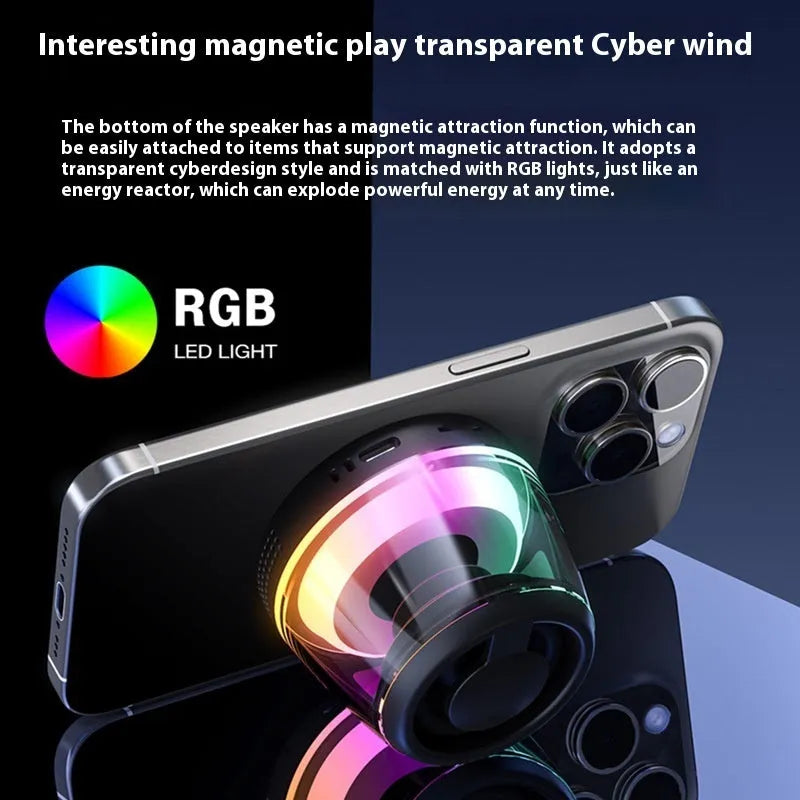 Small black or white portable Bluetooth speaker with a magnetic base and built-in lighting.