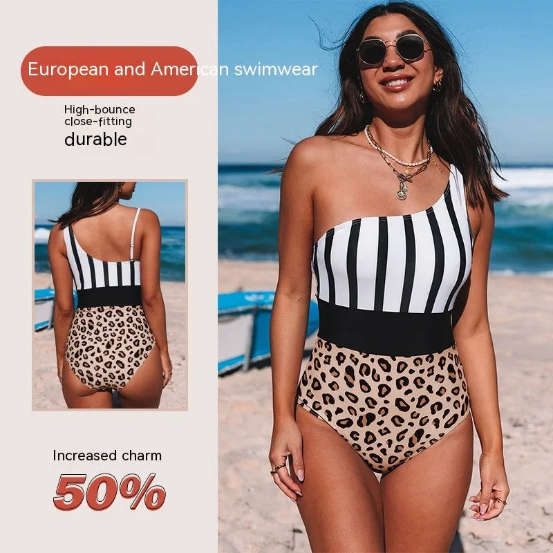 Women's leopard print one-piece swimsuit with an asymmetric collar and high-waist design.
