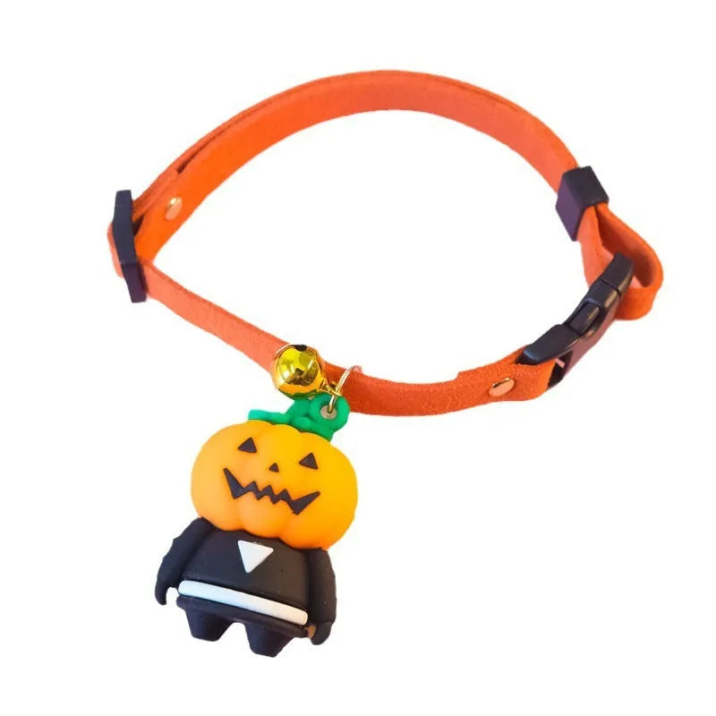 Halloween dog collar decoration in luminous ghost, luminous skull, or pumpkin man patterns on a polyester band.
