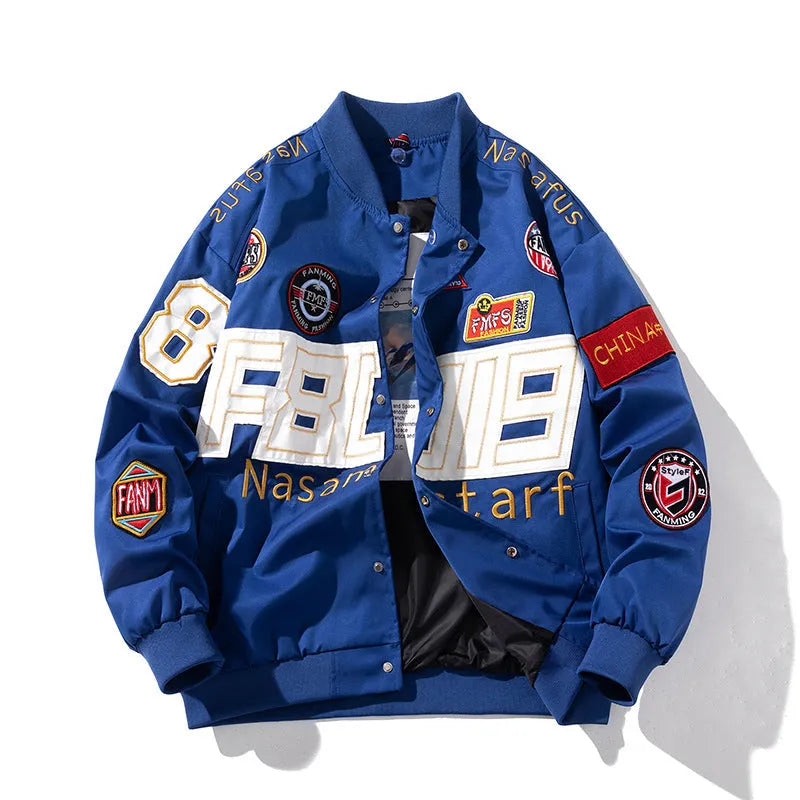 Black American motorcycle baseball jacket with side pockets, shown with detachable hood, for couple riding.