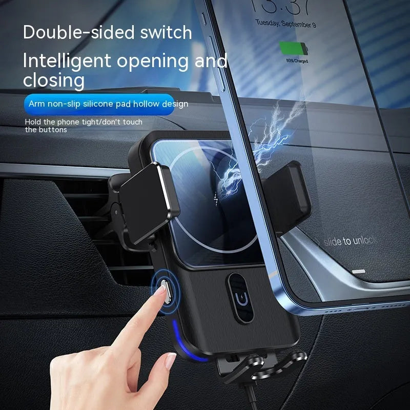 Black car wireless phone charger holder with 15W charging, showing both suction cup and clip mounting options