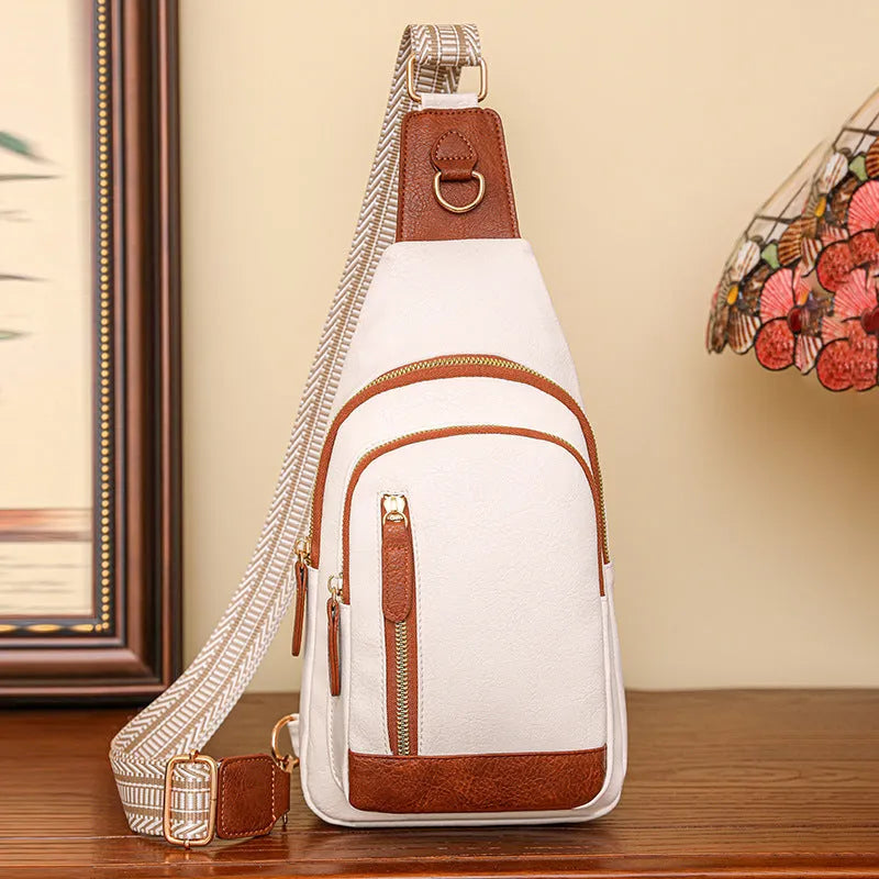Soft brown PU women's crossbody chest bag with open pocket and adjustable strap