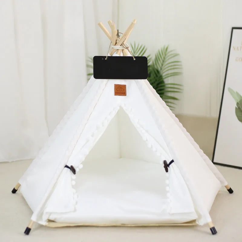Striped linen pet teepee tent bed with cushion for a small dog or cat indoors