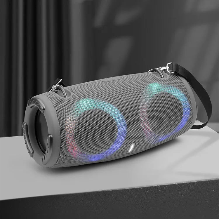 War Drum portable Bluetooth speaker with RGB coloured lights in black, blue, red, silver grey, or camouflage.