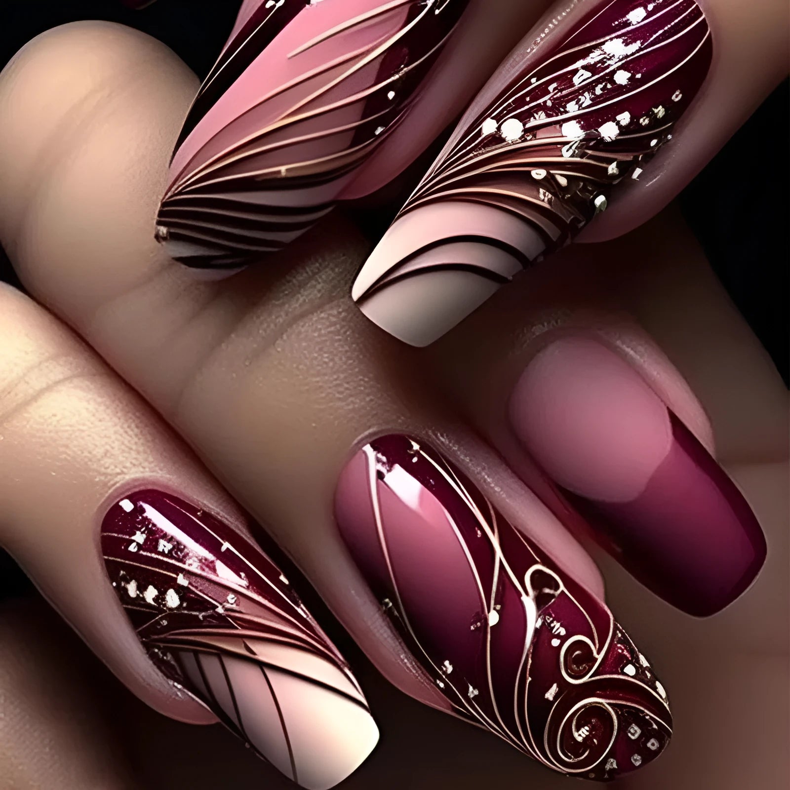 French line W1620 pattern fake nails set with 24 ABS plastic patches and glue