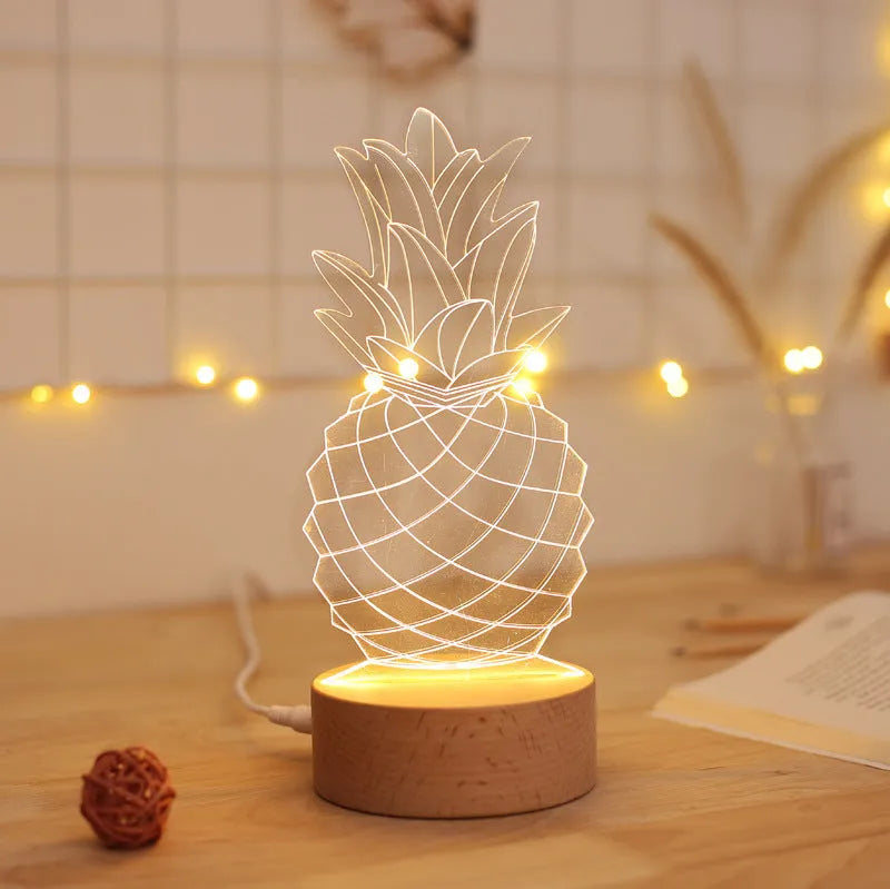 Wood and acrylic pineapple table lamp with USB cable and dimmer controls