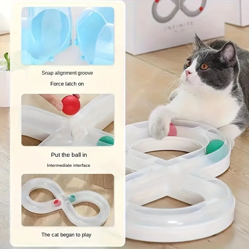Blue and white cat toy with turntable track ball and teasing stick for interactive feline play
