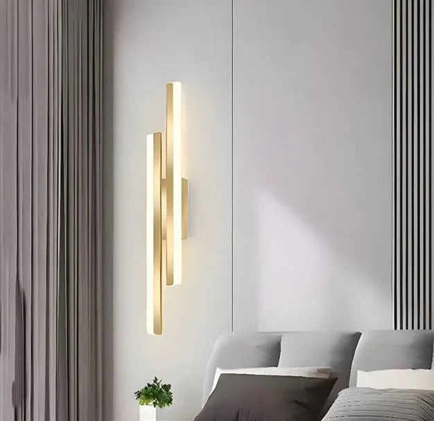 Gold finish double line wall lamp with LED lighting for stairwells and aisles