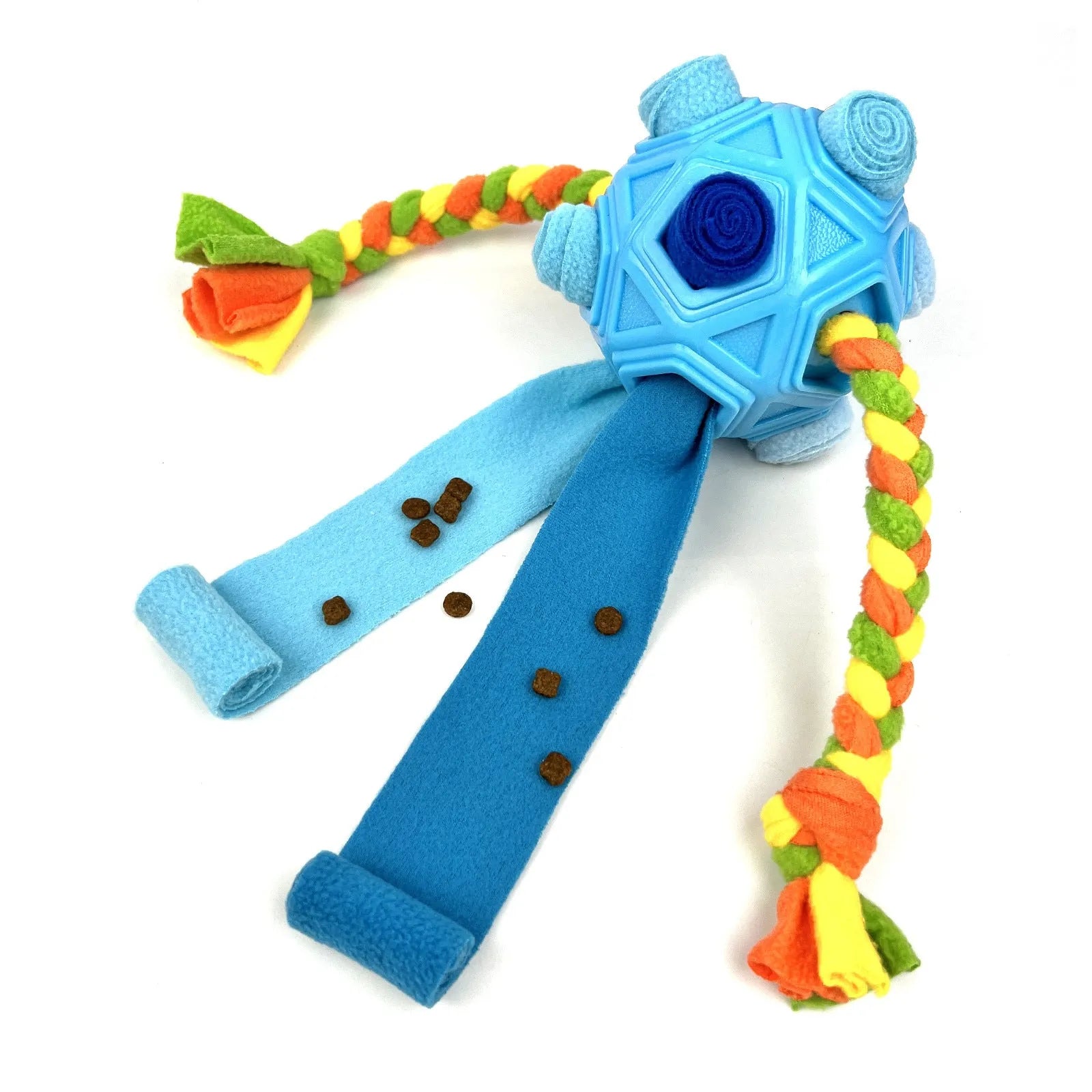 Colourful silicone dog snuffle ball puzzle toy for IQ training and slow feeding.