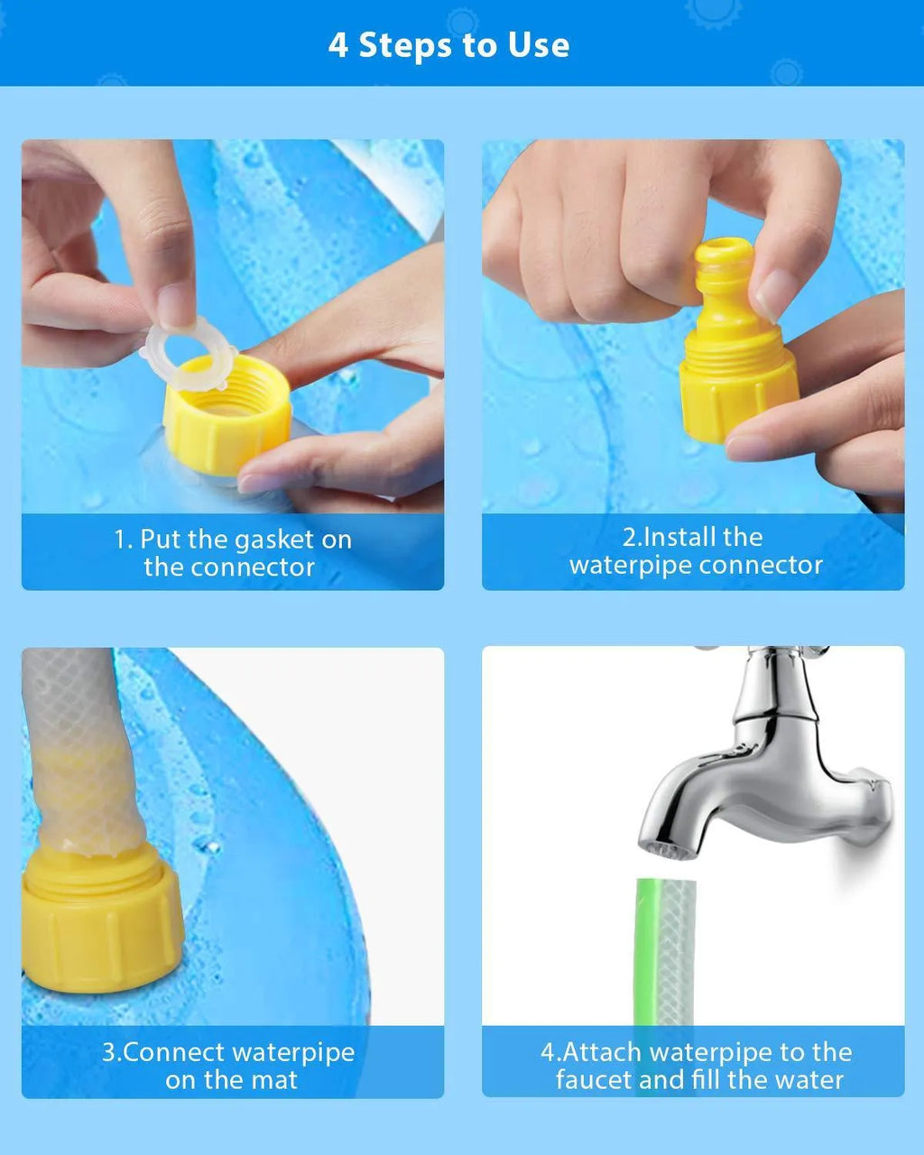 Blue PVC children's water spray mat with marine animal designs measuring 100cm by 170cm