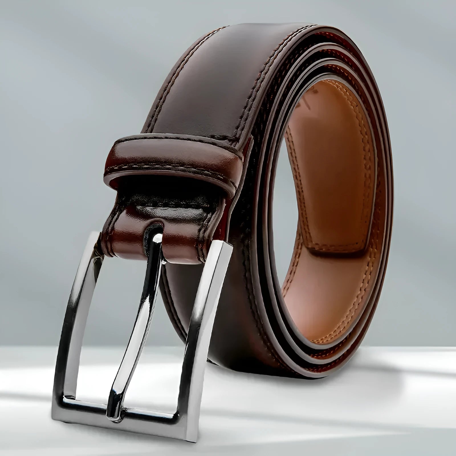 Men's brown genuine leather casual belt with an alloy buckle on a plain background.