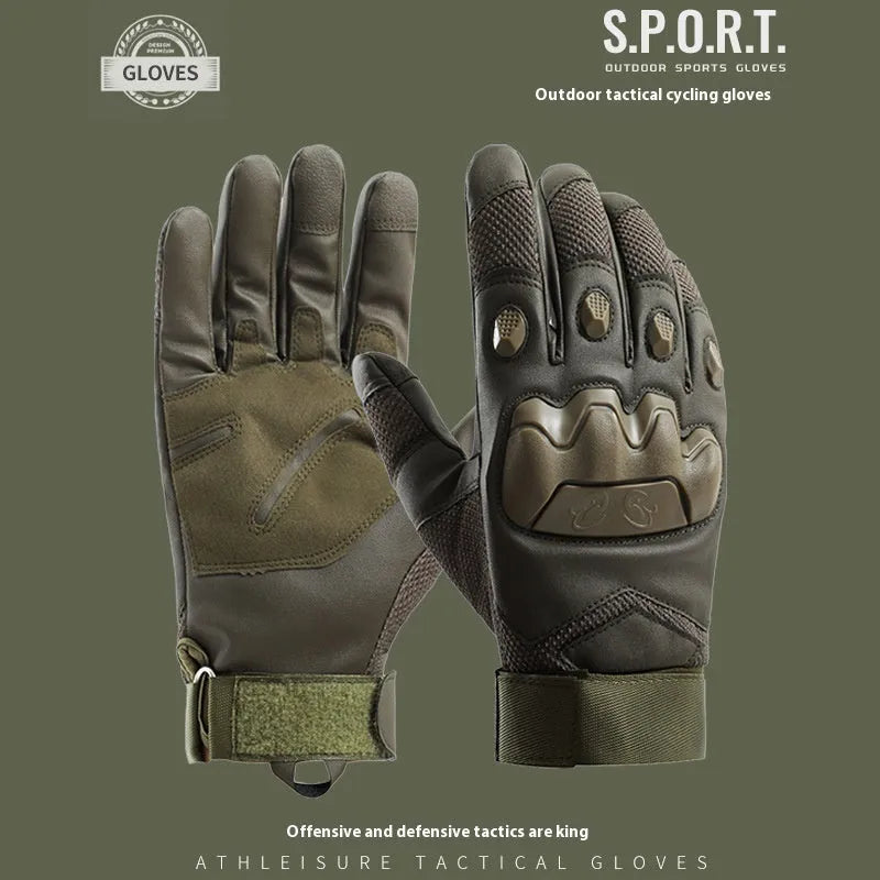 Men's black full finger tactical gloves with touch screen compatible fingertips on a hand.