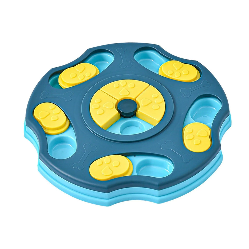 Blue and pink dog puzzle toy food feeder for interactive play and slower eating