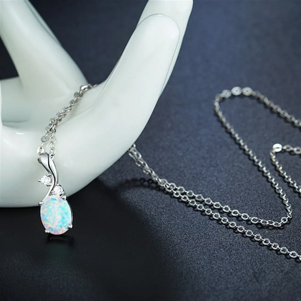 Water drop opal pendant necklace on adjustable O-chain in rose gold or white finish