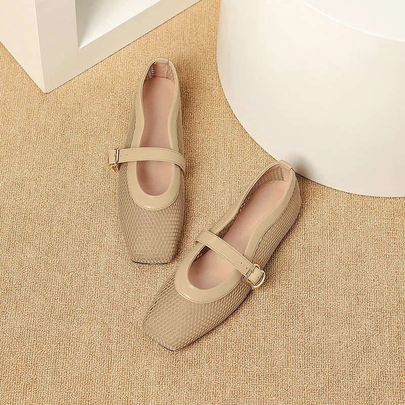 Women's beige mesh hollow out pumps with a square toe and buckle fastening on a flat beef tendon sole.