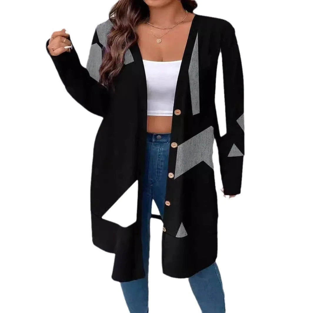 Black loose casual plus size cardigan coat with button stitching detail on polyester fabric
