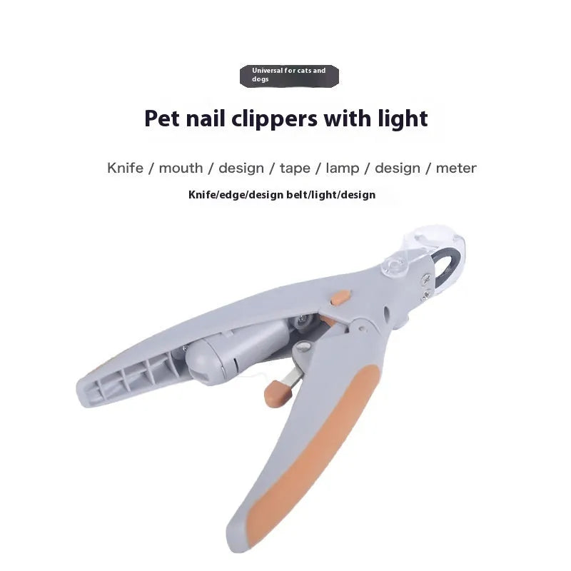 White plastic dog nail clipper with built-in LED light and red guide line on a blister card.