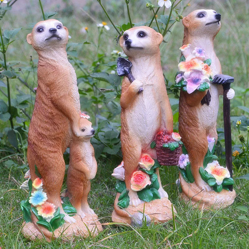 Straw hat mongoose ornament set with gardening tools in yellow brown and straw colour variations