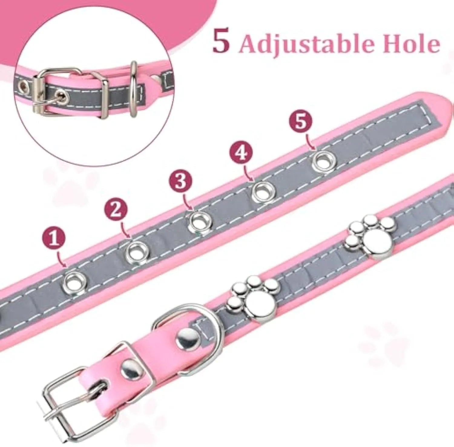 Reflective PU leather dog collar with metal paw rivets and an adjustable buckle on a grey background.
