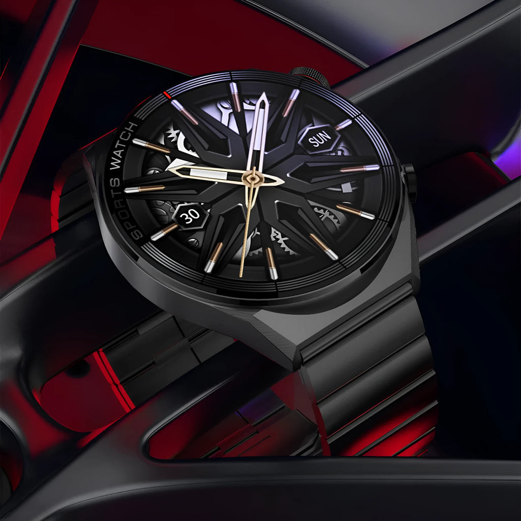 Black or silver smart watch with large 1.5 inch colour screen showing call interface, available with leather, silicone or steel straps