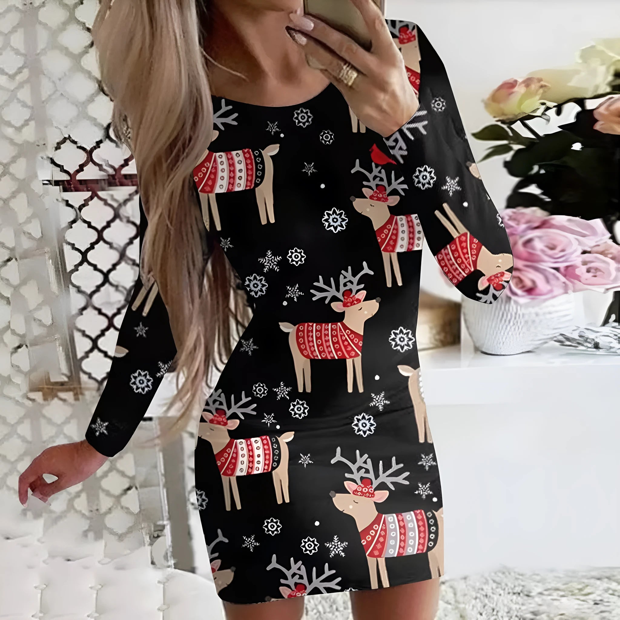 Women's printed Christmas dress with animal pattern in floral colour options