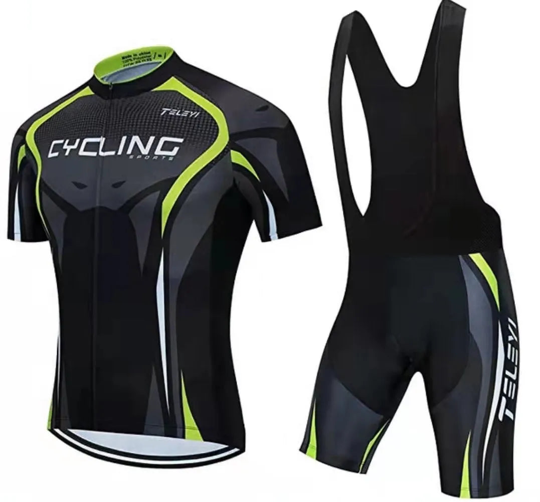 A short-sleeved cycling jersey and pants set for men and women, shown in one of seven available colour styles.