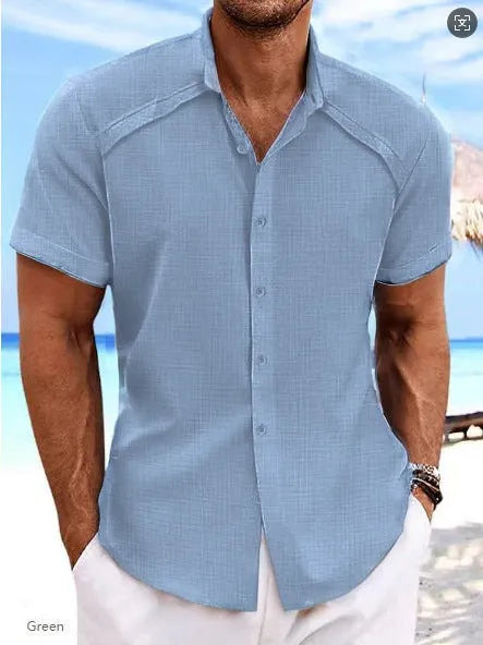 Men's solid colour short sleeve casual shirt in cotton blend fabric on a hanger.