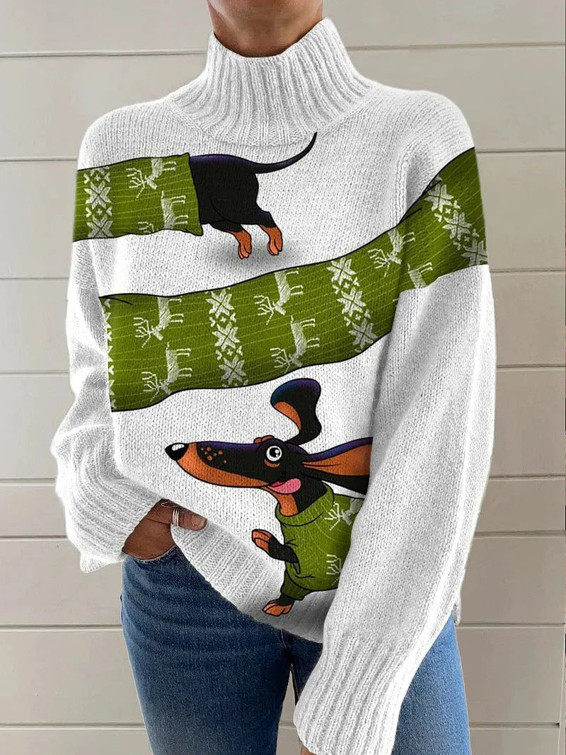 Women's loose fit Christmas print turtleneck sweater in a soft macaron colour.