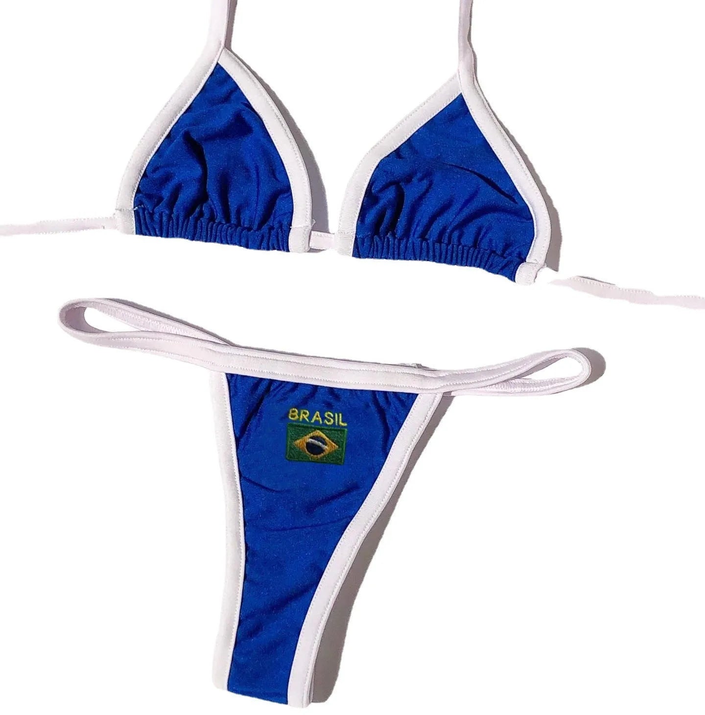 Women's yellow T-back bikini set with shorts-length briefs on a mannequin.