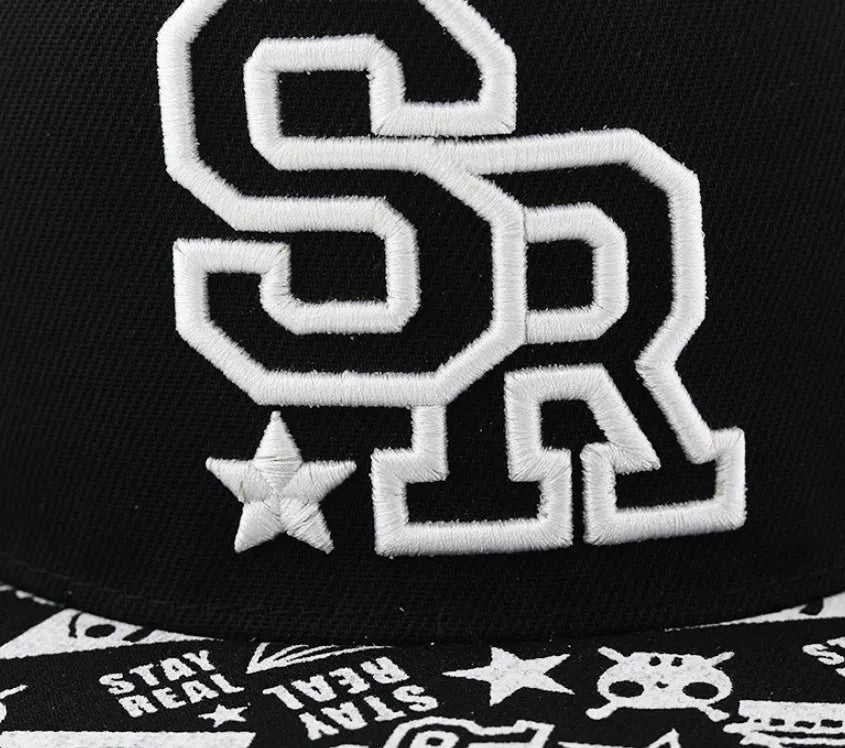 Cotton baseball hat with embroidered letters on a dome crown, shown in black and white.
