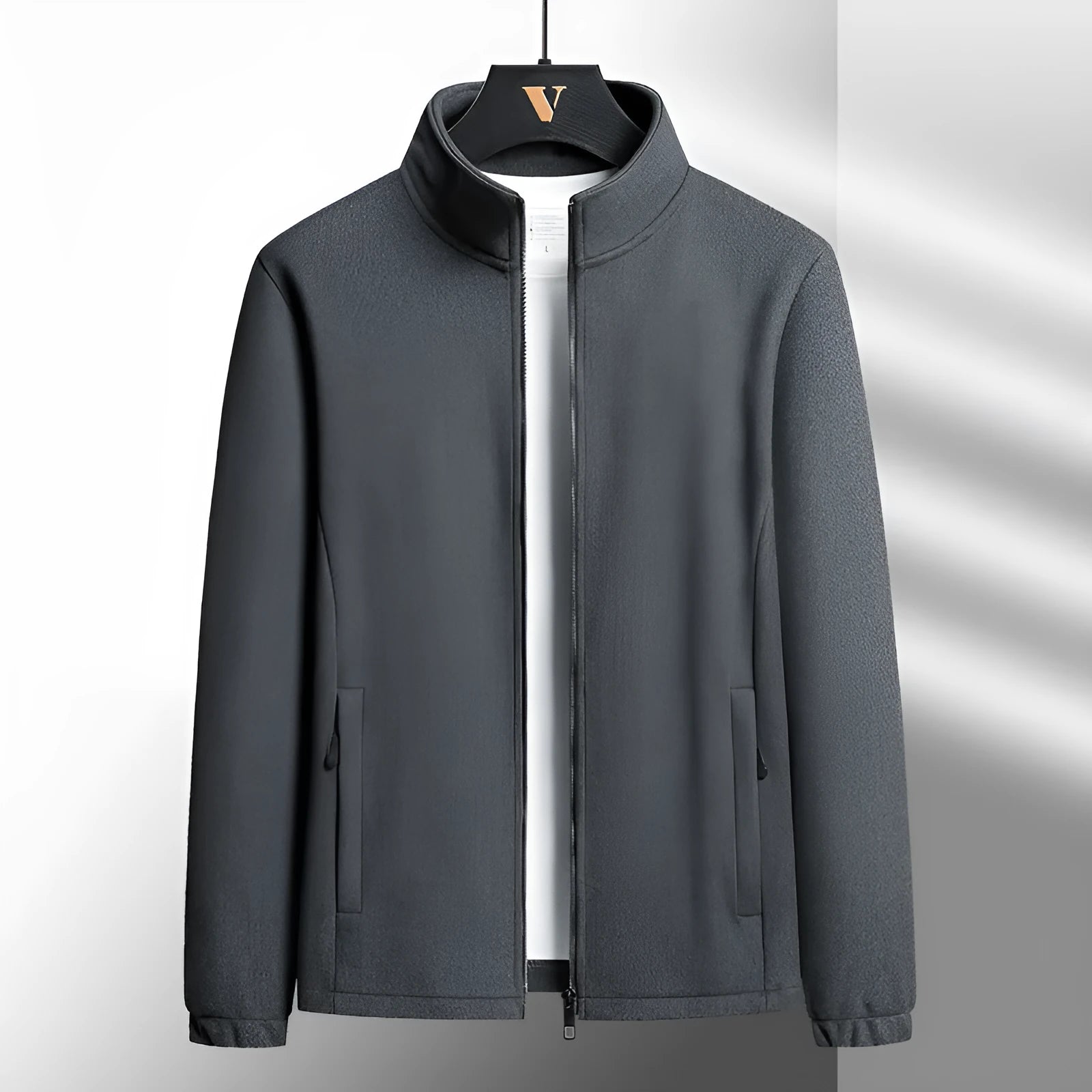 Men's grey berber fleece coat with stand-up collar and zippered front