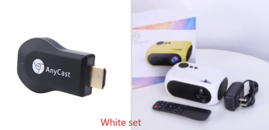 M24 micro mini portable LED projector in gold or white with power adapter and cables