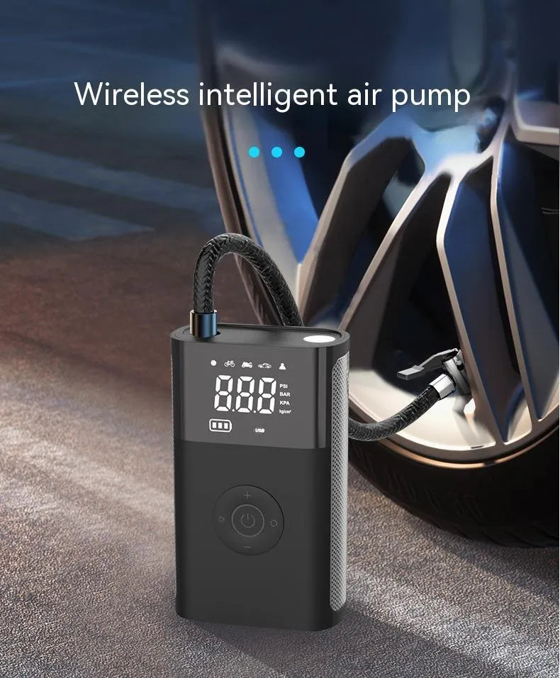 Wireless digital display air pump with car tyre adapter and pressure gauge on ABS housing